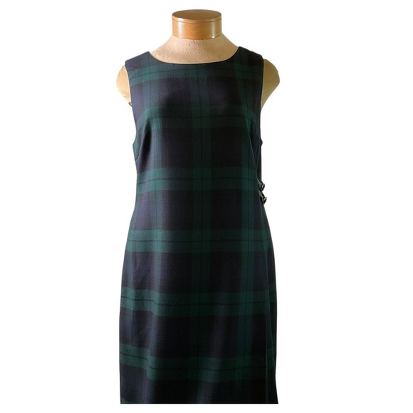 Talbots Dress 12 Black Watch Sleeveless Wool Tartan Plaid Sheath Midi Dress - Picture 8 of 11
